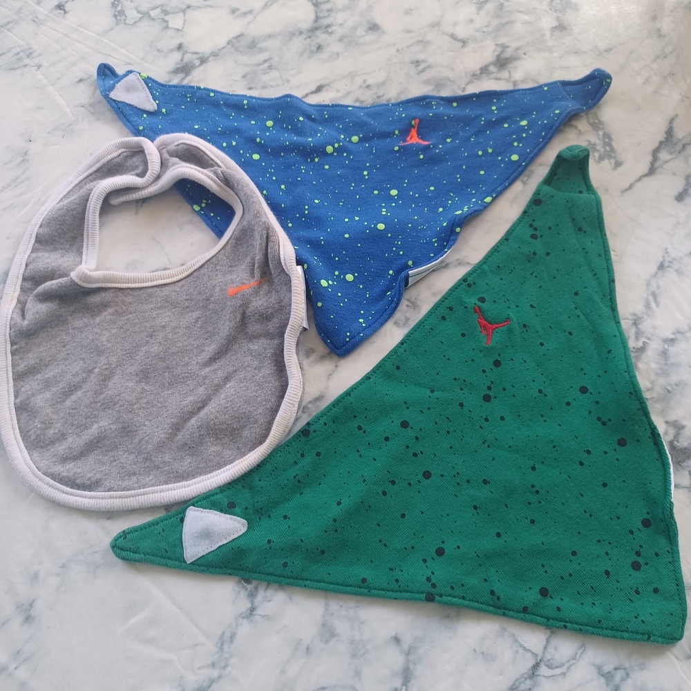 Nike Jordan Bib Lot 3‎ Baby 0-6M Grey Blue Green Bandana Speckle Jumpman Sporty